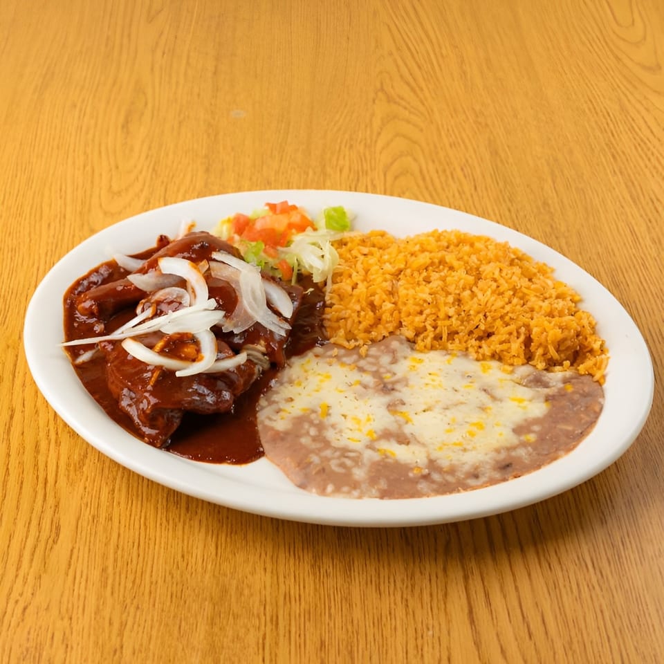 Mexican dish with meat in mole sauce, rice, refried beans with cheese, and a fresh salad.