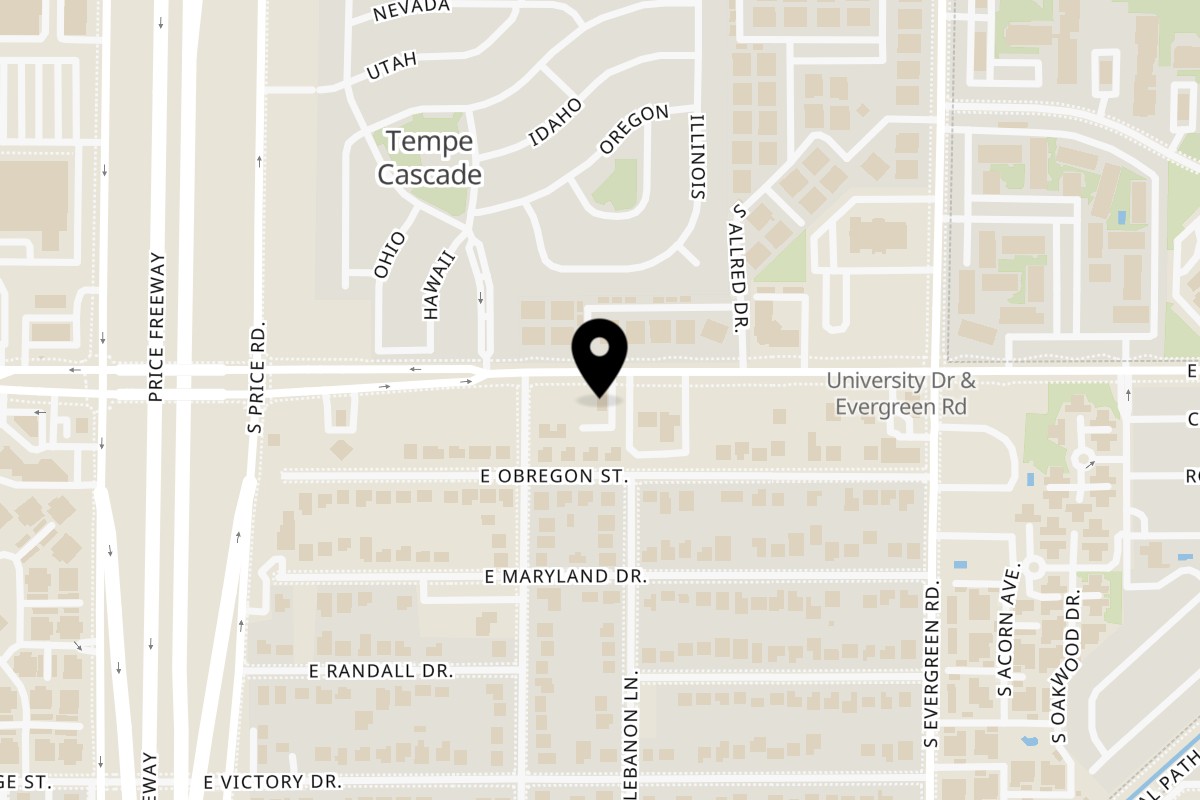 Map showing the location of Susie's Mexican Cafe and Lounge on 2405 E University Dr in Tempe